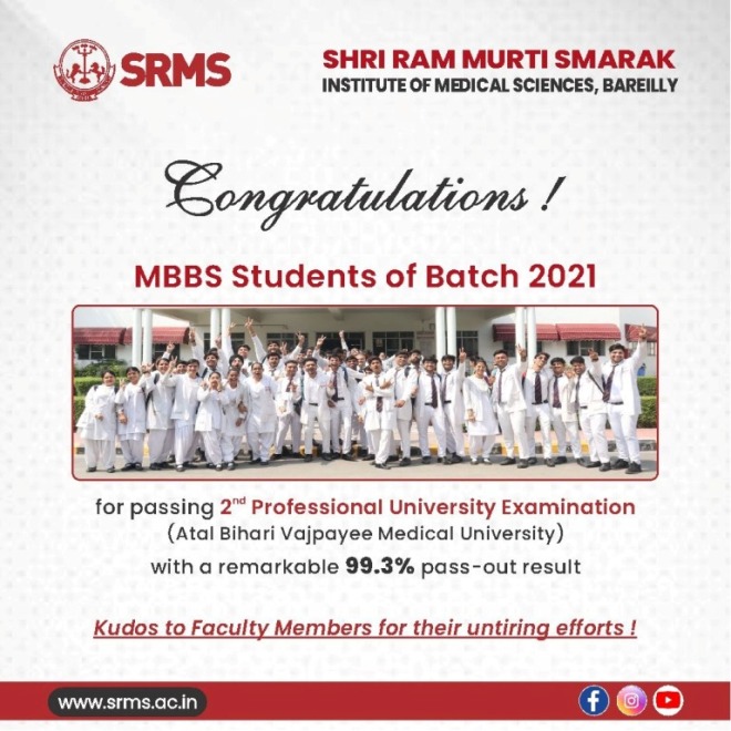 CONGRATULATIONS TO SRMS INSTITUTE OF MEDICAL SCIENCES MBBS BATCH 2021 FOR A REMARKABLE 99.3% PASS-OUT RESULT IN 2ND PROFESSIONAL UNIVERSITY EXAM!
